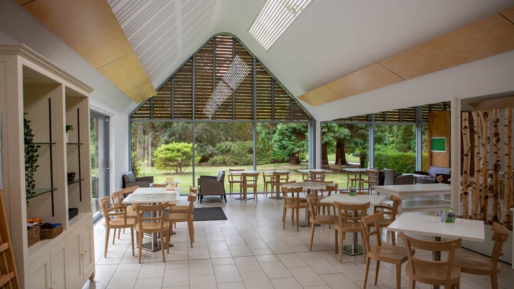 A view of Redwoods Restaurant on the inside, with white hard floors, an arched roof and square tables and chairs in the room.